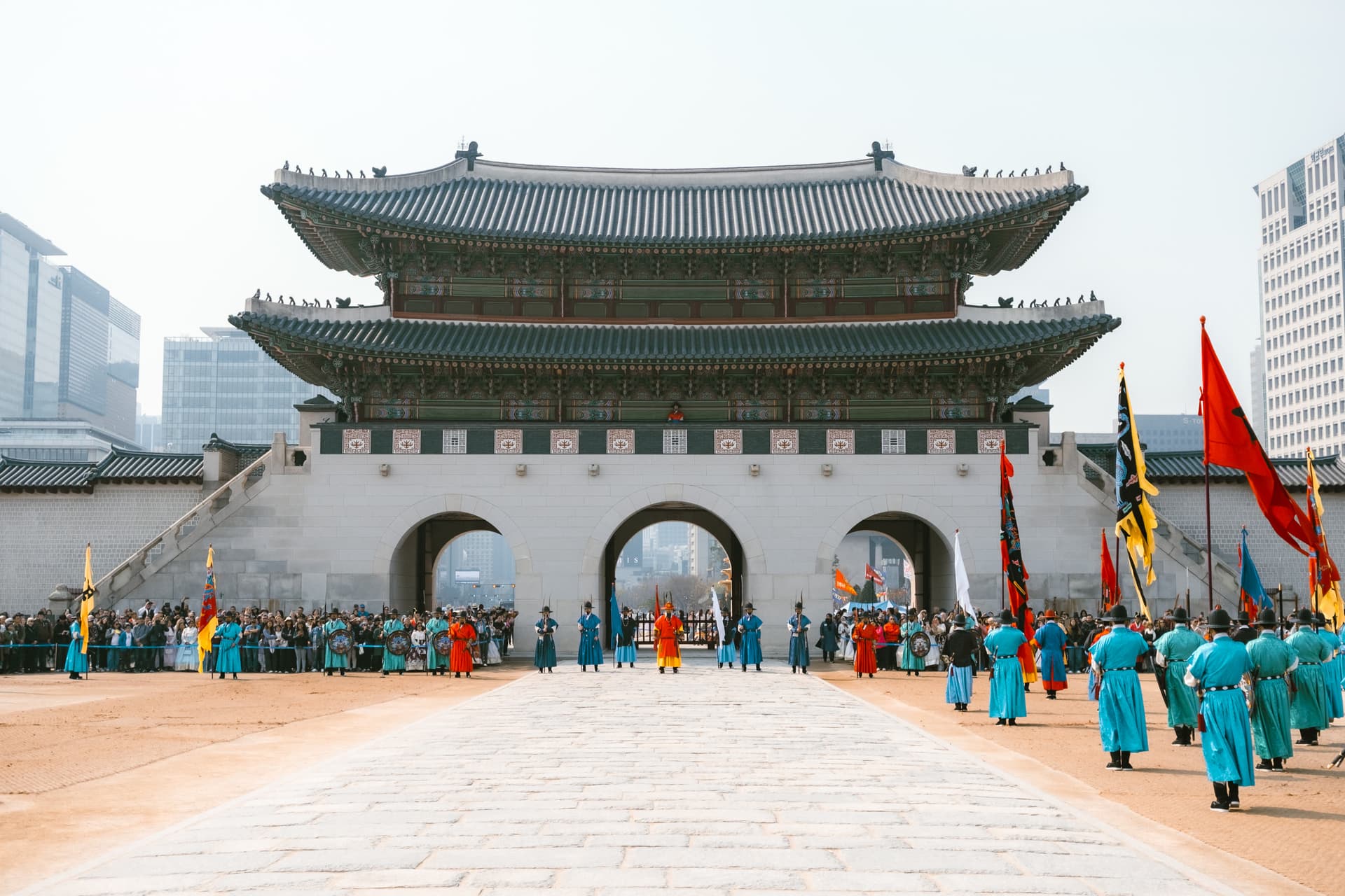 The changing of the guard at Gyeongbokgung Palace in Seoul