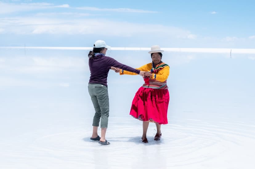 Dancing on the salt flats in Bolivia